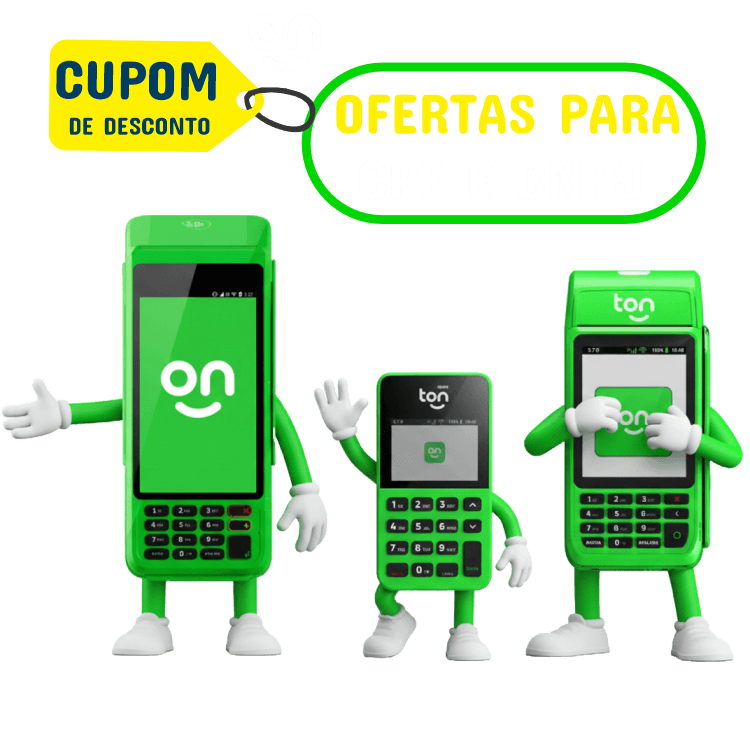 Imagem com três maquininhas de cartão Ton: T3 Smart, T2 e T3, com cupom de desconto e placa de oferta para CPF e CNPJ